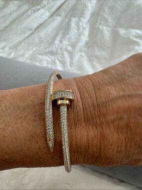 Gold Pavé Nail Cuff Bracelet with Clear Stones